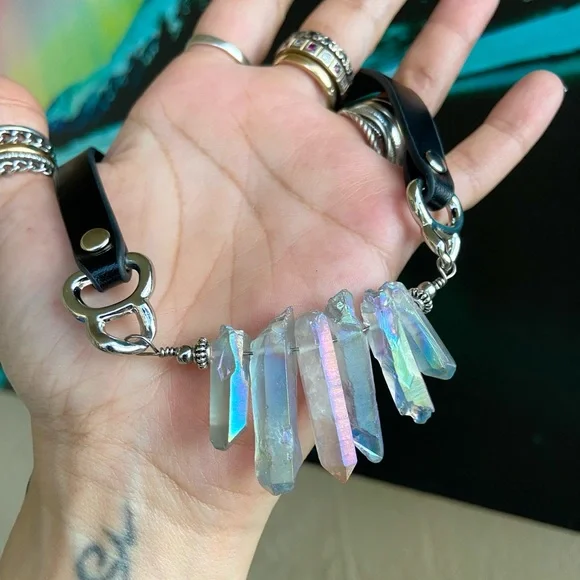Crystal leather choker . Blue Angel aura rainbow iridescent Crystals choker - Picture 6 of 16